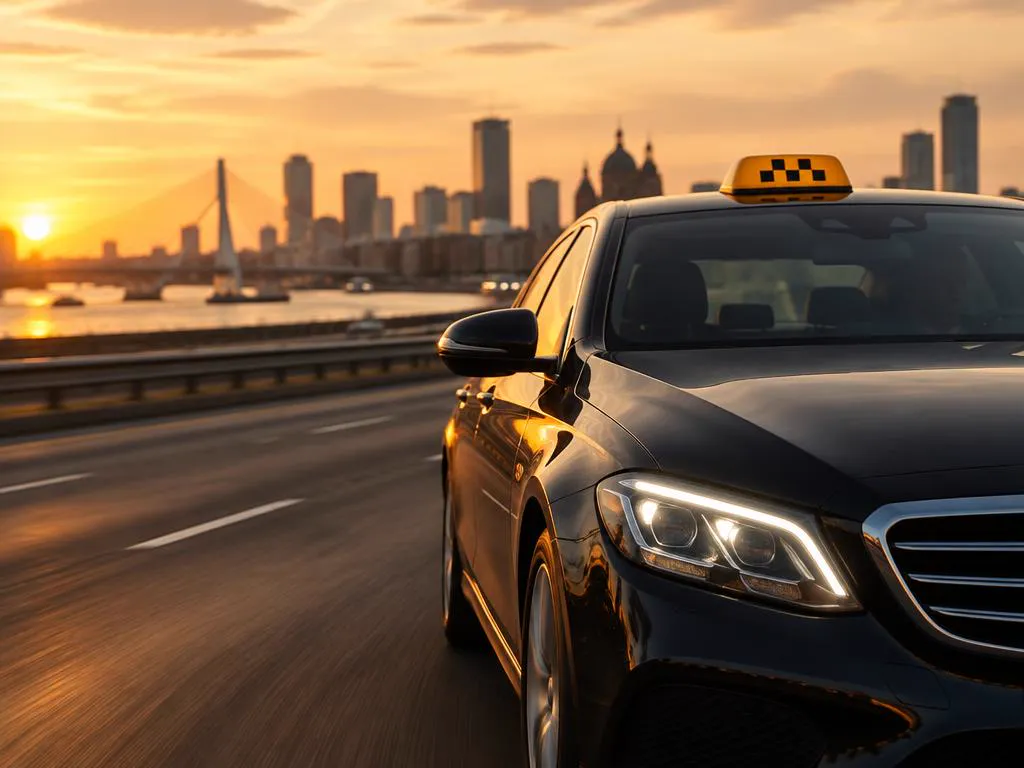 Taxi op de snelweg richting de stad bij zonsondergang