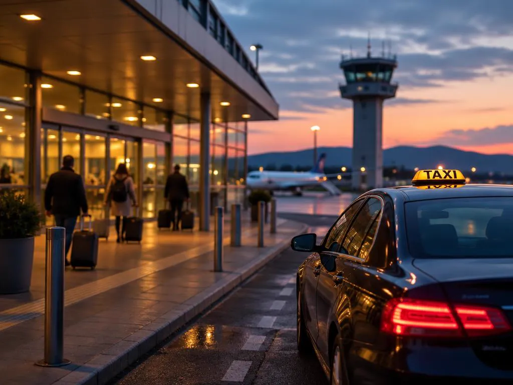 Taxi bij de ingang van een regionale luchthaven in de avond