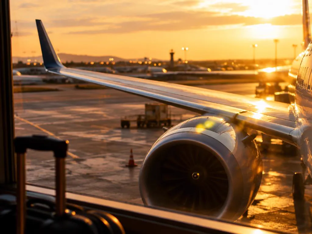 Vliegtuigvleugel op de luchthaven bij zonsondergang